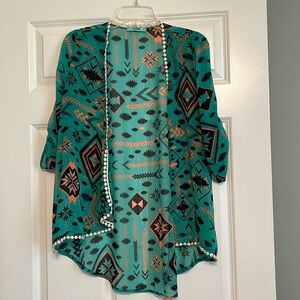 KARLIE Womens Small Sheer Kimono Aztec Print Open Front Roll Tab Sleeve